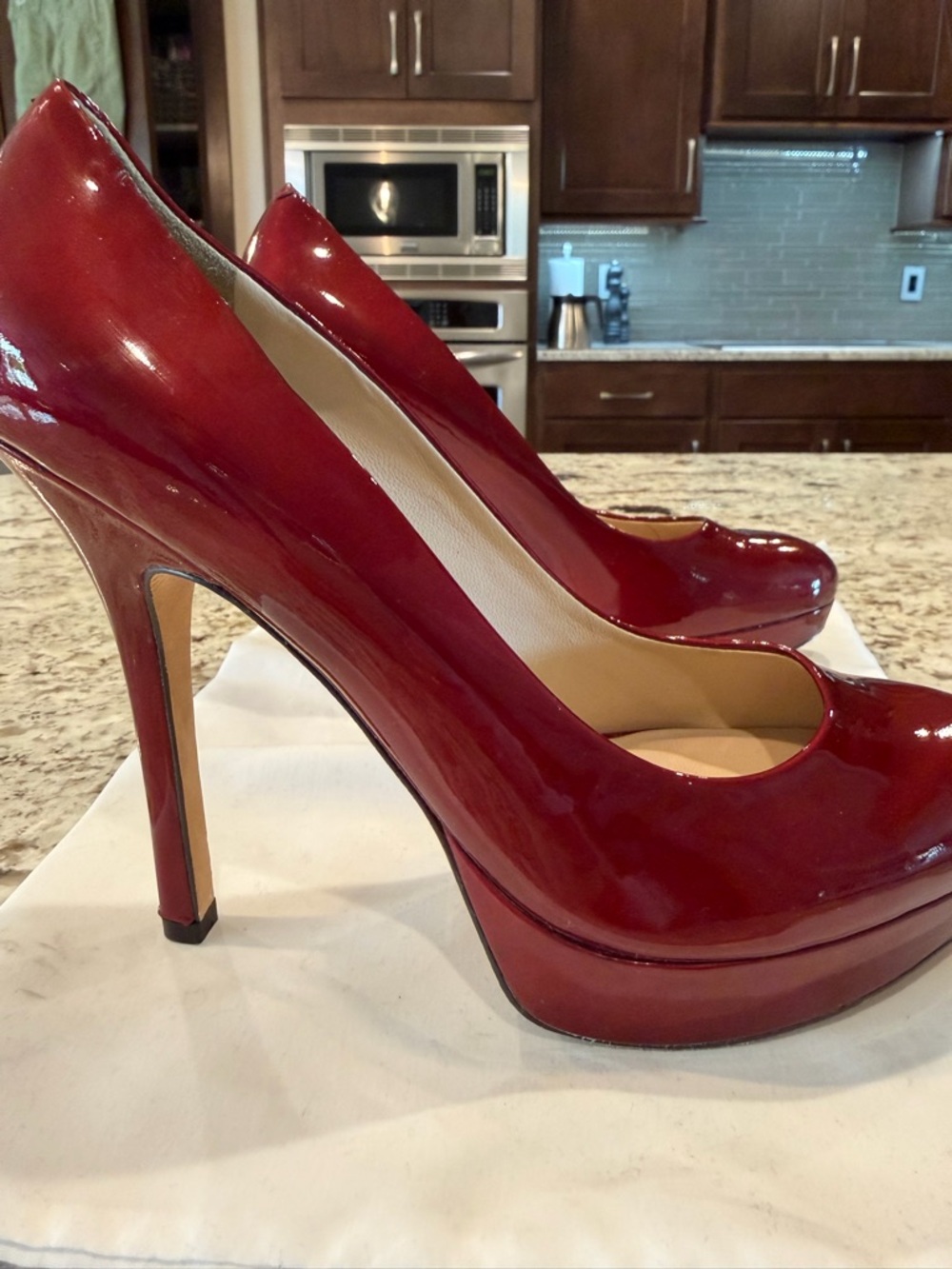 Joan & David Burgundy Patent Platform Stiletto Pumps - Picture 2 of 8